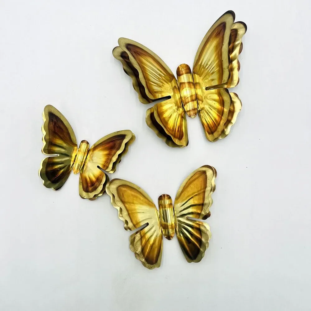 Set Of 3 Vintage Two-toned Aluminum Butterflies. Wall Art. Gold And Copper Color
